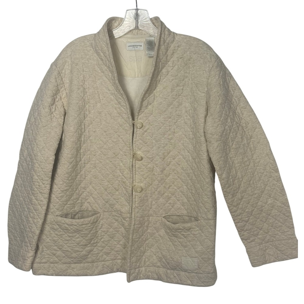 Liz Claiborne Quilted Knit Jacket Cardigan Beige Spa Relaxed‎ Fit Women Size M